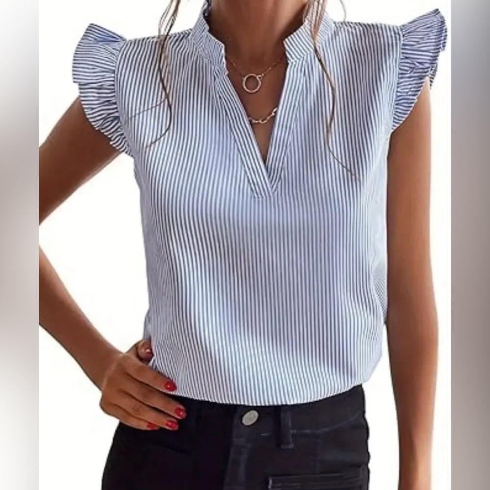 Elegant V- Neck Ruffle Sleeve Blouse Blue-White Stripe Med New